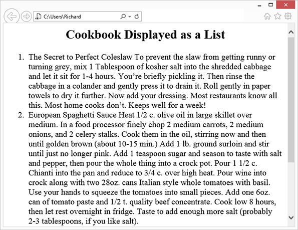 Cookbook formatted as a list